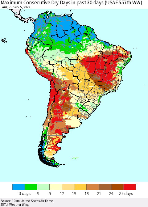 South America Maximum Consecutive Dry Days in past 30 days (USAF 557th WW) 09/05/2022 Thematic Map For 9/1/2022 - 9/5/2022