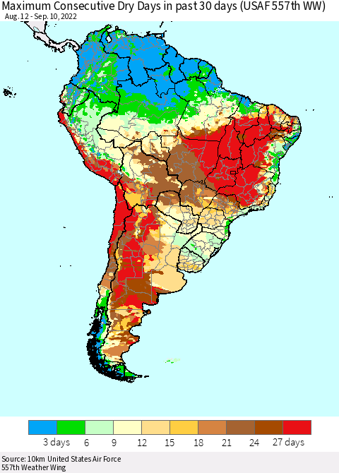 South America Maximum Consecutive Dry Days in past 30 days (USAF 557th WW) 09/10/2022 Thematic Map For 9/6/2022 - 9/10/2022