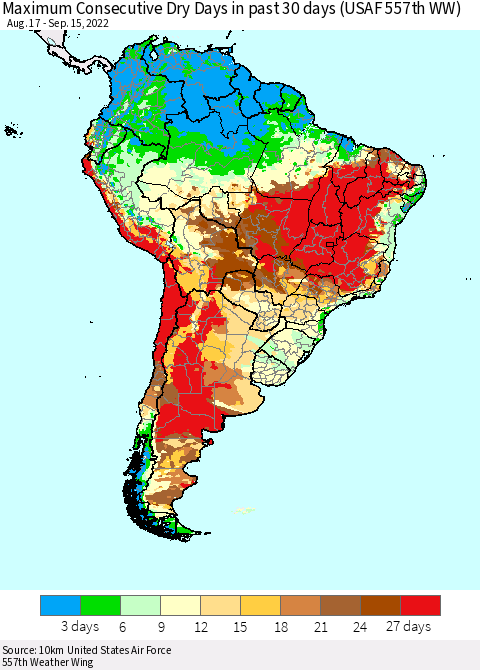 South America Maximum Consecutive Dry Days in past 30 days (USAF 557th WW) 09/15/2022 Thematic Map For 9/11/2022 - 9/15/2022