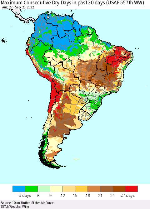 South America Maximum Consecutive Dry Days in past 30 days (USAF 557th WW) 09/25/2022 Thematic Map For 9/21/2022 - 9/25/2022