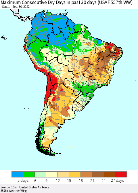 South America Maximum Consecutive Dry Days in past 30 days (USAF 557th WW) 09/30/2022 Thematic Map For 9/26/2022 - 9/30/2022