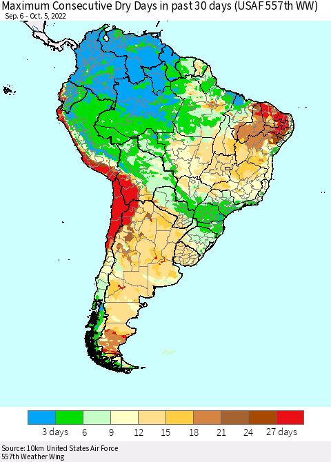 South America Maximum Consecutive Dry Days in past 30 days (USAF 557th WW) 10/05/2022 Thematic Map For 10/1/2022 - 10/5/2022