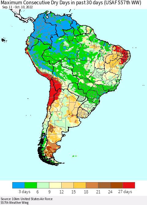 South America Maximum Consecutive Dry Days in past 30 days (USAF 557th WW) 10/10/2022 Thematic Map For 10/6/2022 - 10/10/2022
