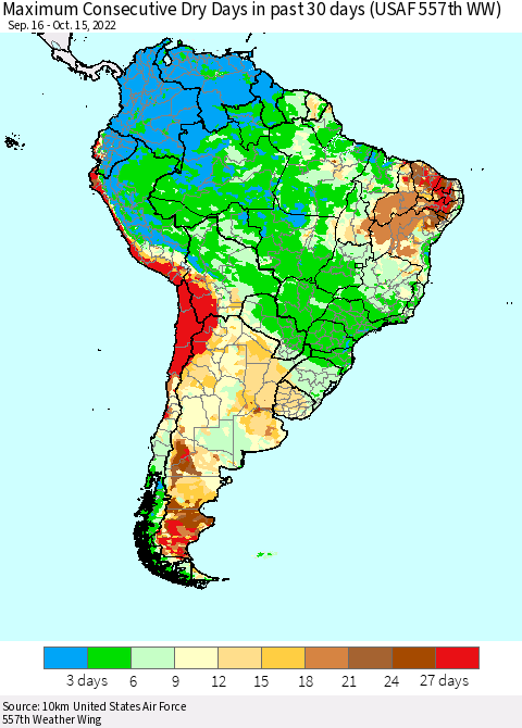 South America Maximum Consecutive Dry Days in past 30 days (USAF 557th WW) 10/15/2022 Thematic Map For 10/11/2022 - 10/15/2022