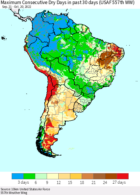 South America Maximum Consecutive Dry Days in past 30 days (USAF 557th WW) 10/20/2022 Thematic Map For 10/16/2022 - 10/20/2022