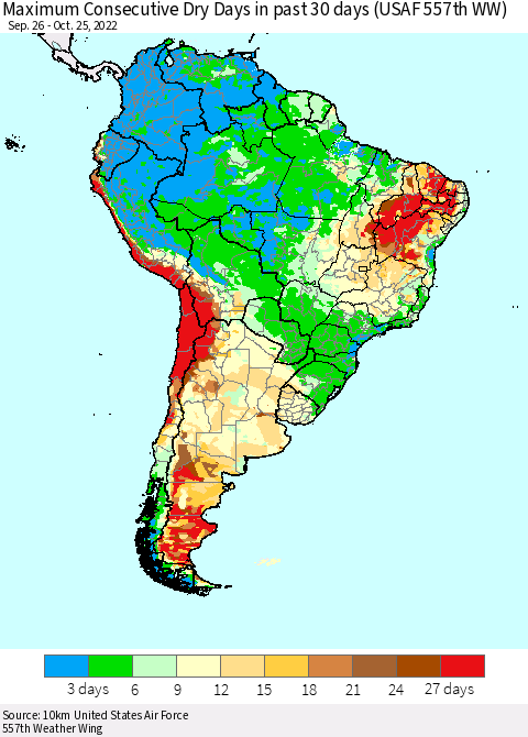 South America Maximum Consecutive Dry Days in past 30 days (USAF 557th WW) 10/25/2022 Thematic Map For 10/21/2022 - 10/25/2022