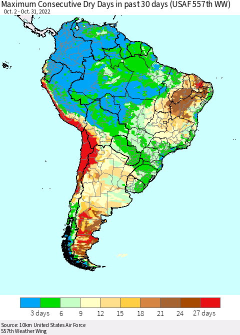 South America Maximum Consecutive Dry Days in past 30 days (USAF 557th WW) 10/31/2022 Thematic Map For 10/26/2022 - 10/31/2022
