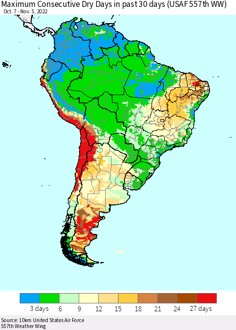 South America Maximum Consecutive Dry Days in past 30 days (USAF 557th WW) 11/05/2022 Thematic Map For 11/1/2022 - 11/5/2022