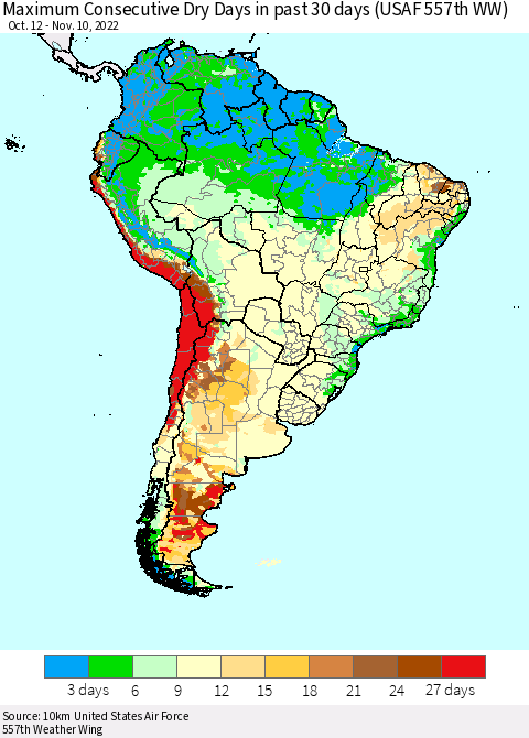 South America Maximum Consecutive Dry Days in past 30 days (USAF 557th WW) 11/10/2022 Thematic Map For 11/6/2022 - 11/10/2022