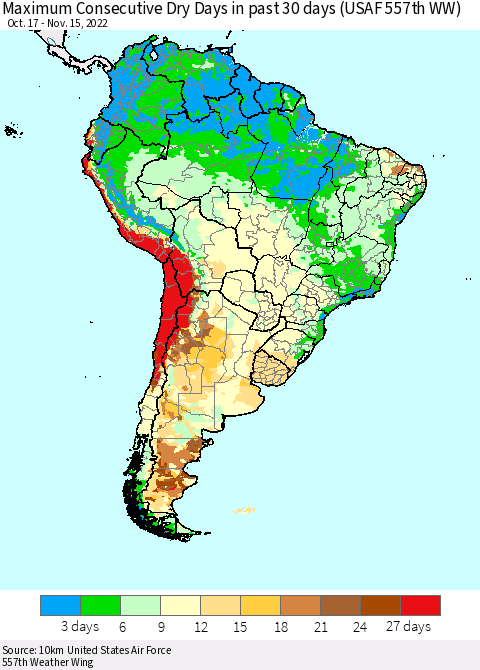 South America Maximum Consecutive Dry Days in past 30 days (USAF 557th WW) 11/15/2022 Thematic Map For 11/11/2022 - 11/15/2022