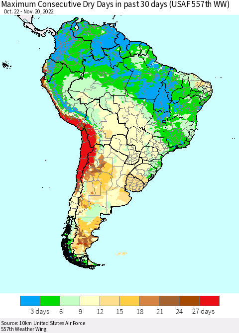 South America Maximum Consecutive Dry Days in past 30 days (USAF 557th WW) 11/20/2022 Thematic Map For 11/16/2022 - 11/20/2022