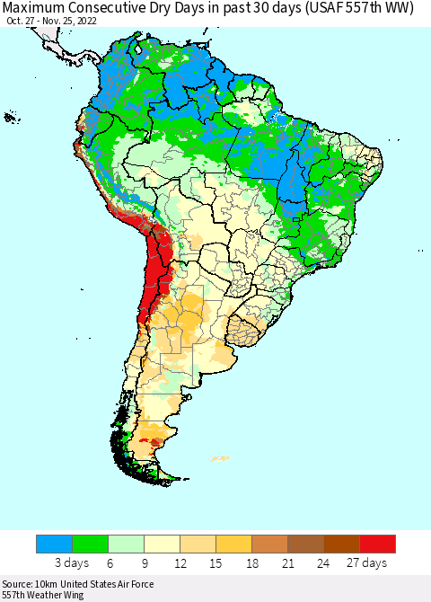 South America Maximum Consecutive Dry Days in past 30 days (USAF 557th WW) 11/25/2022 Thematic Map For 11/21/2022 - 11/25/2022