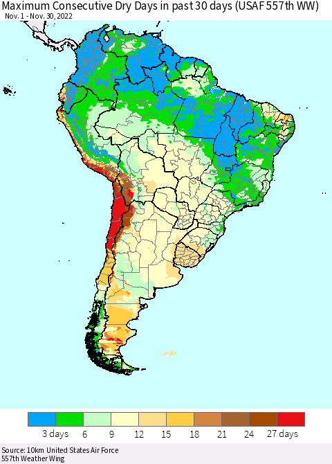 South America Maximum Consecutive Dry Days in past 30 days (USAF 557th WW) 11/30/2022 Thematic Map For 11/26/2022 - 11/30/2022