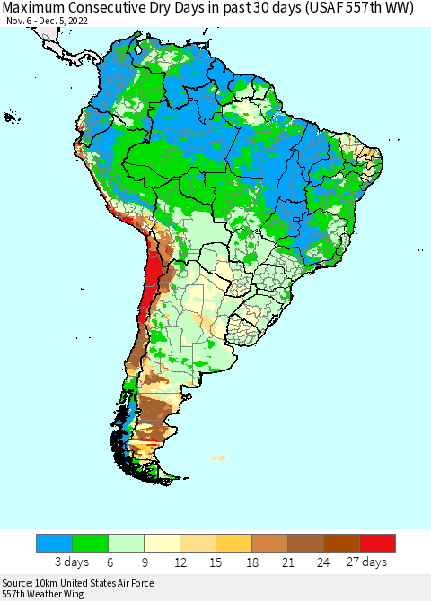 South America Maximum Consecutive Dry Days in past 30 days (USAF 557th WW) 12/05/2022 Thematic Map For 12/1/2022 - 12/5/2022