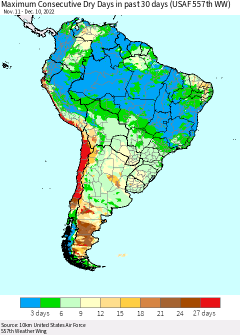 South America Maximum Consecutive Dry Days in past 30 days (USAF 557th WW) 12/10/2022 Thematic Map For 12/6/2022 - 12/10/2022