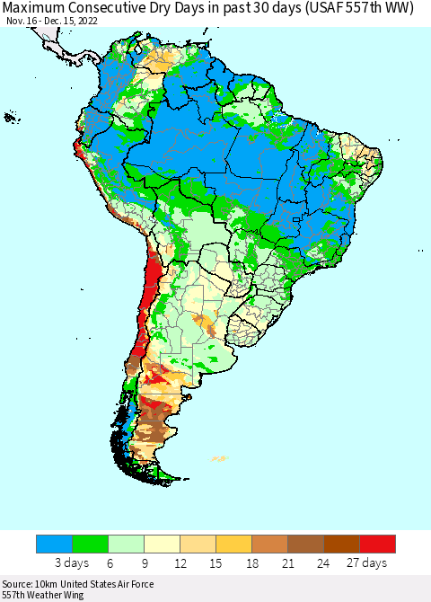 South America Maximum Consecutive Dry Days in past 30 days (USAF 557th WW) 12/15/2022 Thematic Map For 12/11/2022 - 12/15/2022