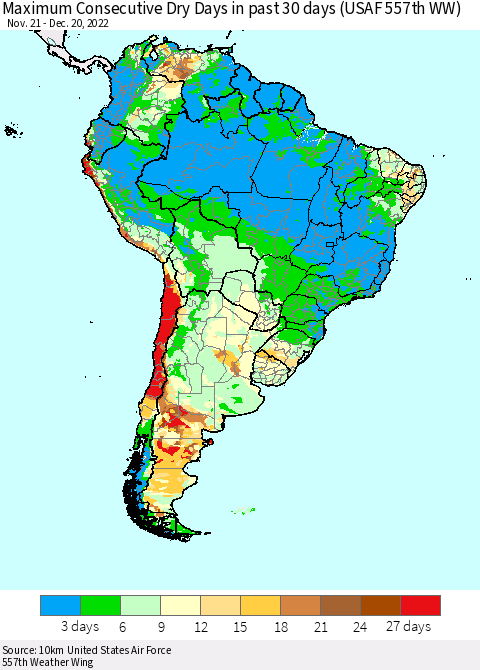 South America Maximum Consecutive Dry Days in past 30 days (USAF 557th WW) 12/20/2022 Thematic Map For 12/16/2022 - 12/20/2022