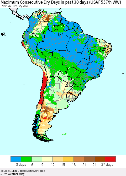 South America Maximum Consecutive Dry Days in past 30 days (USAF 557th WW) 12/25/2022 Thematic Map For 12/21/2022 - 12/25/2022