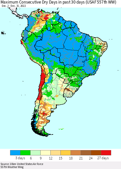 South America Maximum Consecutive Dry Days in past 30 days (USAF 557th WW) 12/31/2022 Thematic Map For 12/26/2022 - 12/31/2022