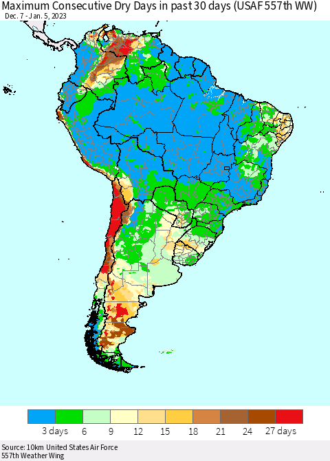 South America Maximum Consecutive Dry Days in past 30 days (USAF 557th WW) 01/05/2023 Thematic Map For 1/1/2023 - 1/5/2023