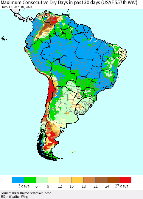 South America Maximum Consecutive Dry Days in past 30 days (USAF 557th WW) 01/10/2023 Thematic Map For 1/6/2023 - 1/10/2023