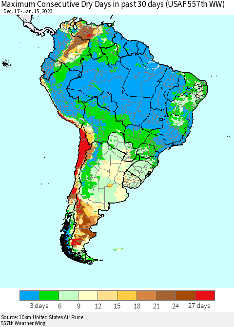 South America Maximum Consecutive Dry Days in past 30 days (USAF 557th WW) 01/15/2023 Thematic Map For 1/11/2023 - 1/15/2023