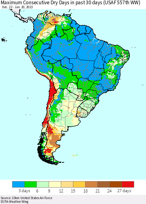South America Maximum Consecutive Dry Days in past 30 days (USAF 557th WW) 01/20/2023 Thematic Map For 1/16/2023 - 1/20/2023