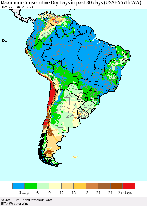 South America Maximum Consecutive Dry Days in past 30 days (USAF 557th WW) 01/25/2023 Thematic Map For 1/21/2023 - 1/25/2023