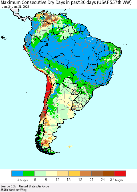 South America Maximum Consecutive Dry Days in past 30 days (USAF 557th WW) 01/31/2023 Thematic Map For 1/26/2023 - 1/31/2023
