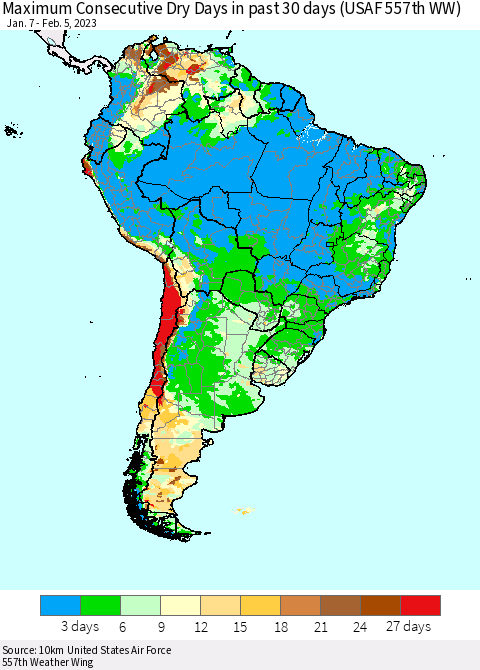 South America Maximum Consecutive Dry Days in past 30 days (USAF 557th WW) 02/05/2023 Thematic Map For 2/1/2023 - 2/5/2023