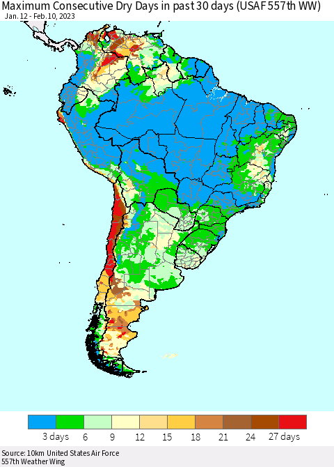 South America Maximum Consecutive Dry Days in past 30 days (USAF 557th WW) 02/10/2023 Thematic Map For 2/6/2023 - 2/10/2023