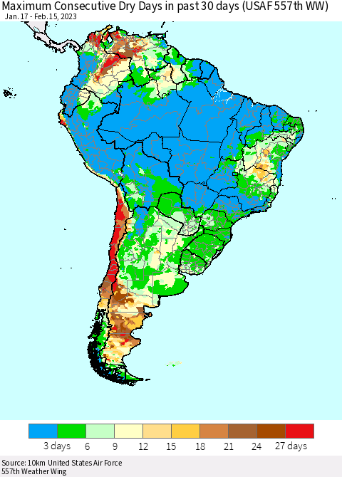 South America Maximum Consecutive Dry Days in past 30 days (USAF 557th WW) 02/15/2023 Thematic Map For 2/11/2023 - 2/15/2023