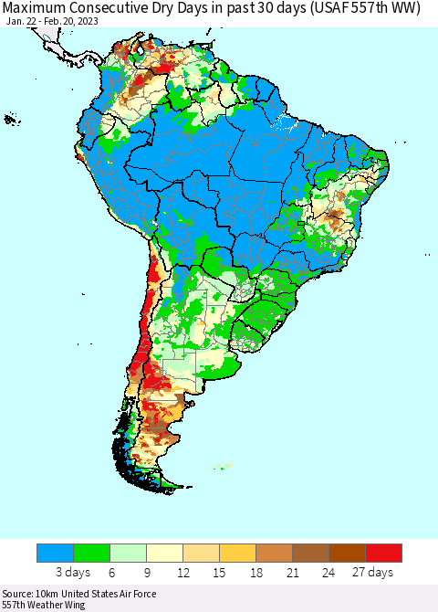South America Maximum Consecutive Dry Days in past 30 days (USAF 557th WW) 02/20/2023 Thematic Map For 2/16/2023 - 2/20/2023