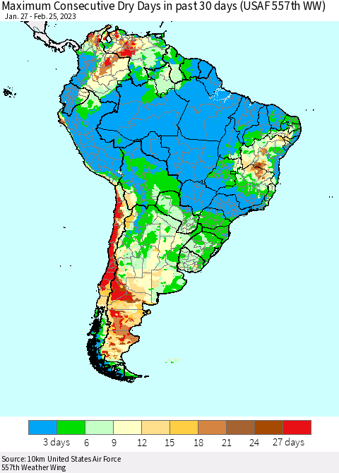 South America Maximum Consecutive Dry Days in past 30 days (USAF 557th WW) 02/25/2023 Thematic Map For 2/21/2023 - 2/25/2023