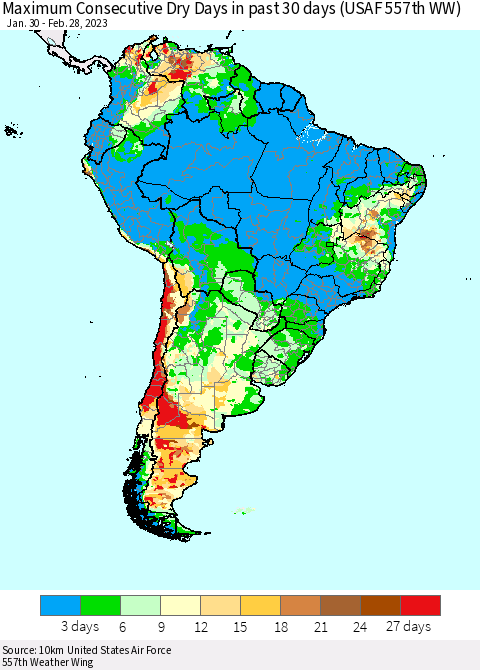 South America Maximum Consecutive Dry Days in past 30 days (USAF 557th WW) 02/28/2023 Thematic Map For 2/26/2023 - 2/28/2023
