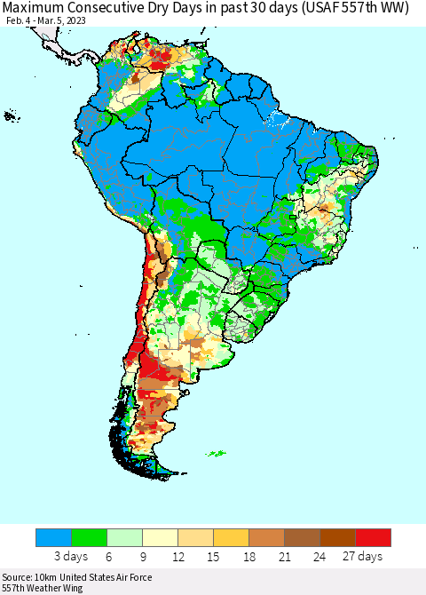 South America Maximum Consecutive Dry Days in past 30 days (USAF 557th WW) 03/05/2023 Thematic Map For 3/1/2023 - 3/5/2023