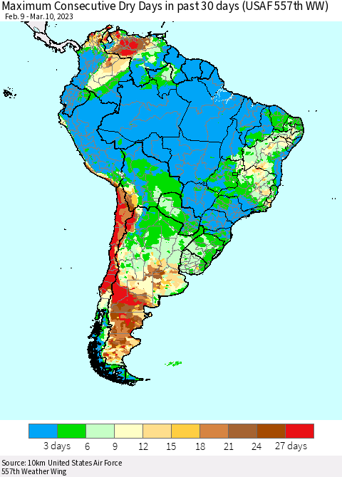 South America Maximum Consecutive Dry Days in past 30 days (USAF 557th WW) 03/10/2023 Thematic Map For 3/6/2023 - 3/10/2023