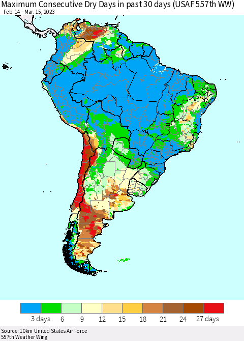 South America Maximum Consecutive Dry Days in past 30 days (USAF 557th WW) 03/15/2023 Thematic Map For 3/11/2023 - 3/15/2023