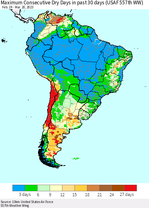 South America Maximum Consecutive Dry Days in past 30 days (USAF 557th WW) 03/20/2023 Thematic Map For 3/16/2023 - 3/20/2023