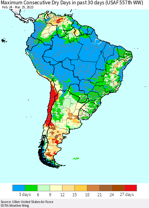 South America Maximum Consecutive Dry Days in past 30 days (USAF 557th WW) 03/25/2023 Thematic Map For 3/21/2023 - 3/25/2023