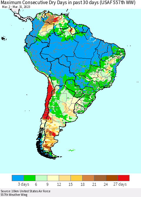 South America Maximum Consecutive Dry Days in past 30 days (USAF 557th WW) 03/31/2023 Thematic Map For 3/26/2023 - 3/31/2023