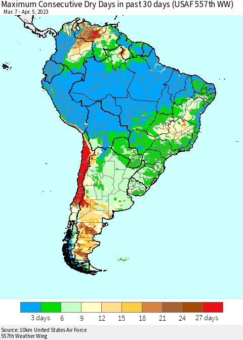 South America Maximum Consecutive Dry Days in past 30 days (USAF 557th WW) 04/05/2023 Thematic Map For 4/1/2023 - 4/5/2023