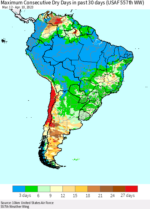 South America Maximum Consecutive Dry Days in past 30 days (USAF 557th WW) 04/10/2023 Thematic Map For 4/6/2023 - 4/10/2023