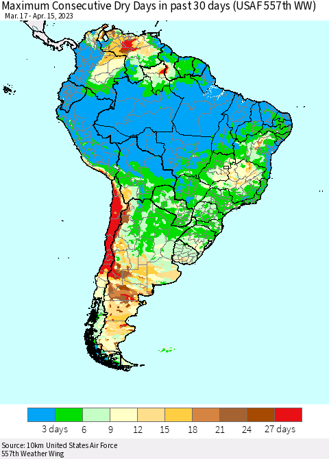 South America Maximum Consecutive Dry Days in past 30 days (USAF 557th WW) 04/15/2023 Thematic Map For 4/11/2023 - 4/15/2023