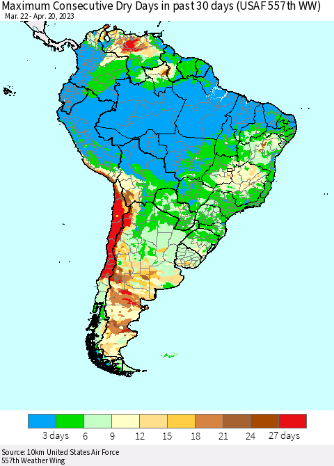 South America Maximum Consecutive Dry Days in past 30 days (USAF 557th WW) 04/20/2023 Thematic Map For 4/16/2023 - 4/20/2023