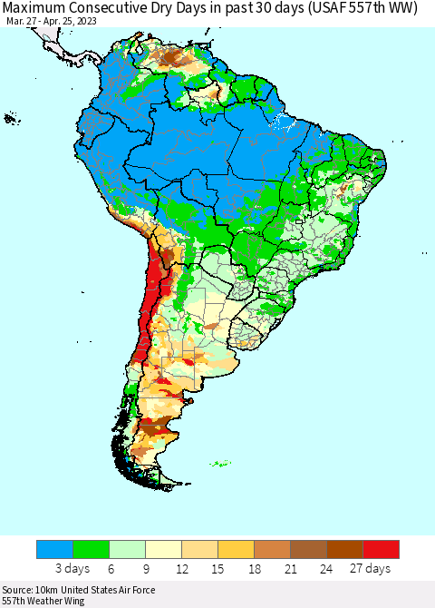 South America Maximum Consecutive Dry Days in past 30 days (USAF 557th WW) 04/25/2023 Thematic Map For 4/21/2023 - 4/25/2023