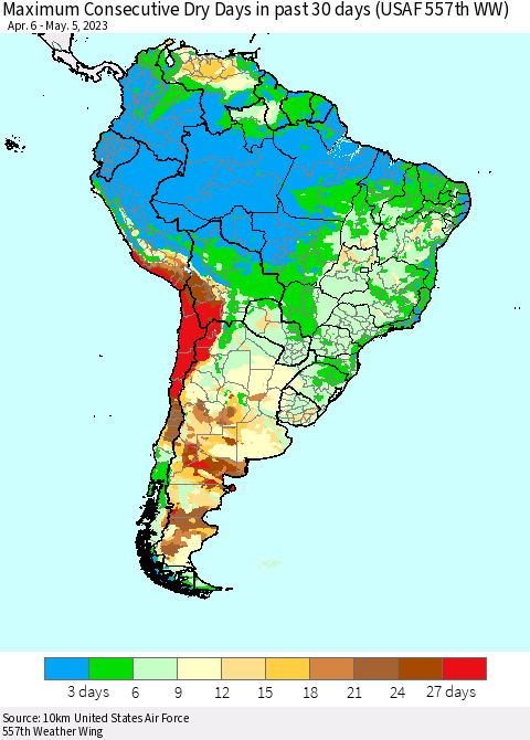 South America Maximum Consecutive Dry Days in past 30 days (USAF 557th WW) 05/05/2023 Thematic Map For 5/1/2023 - 5/5/2023