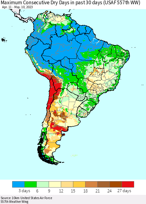 South America Maximum Consecutive Dry Days in past 30 days (USAF 557th WW) 05/10/2023 Thematic Map For 5/6/2023 - 5/10/2023