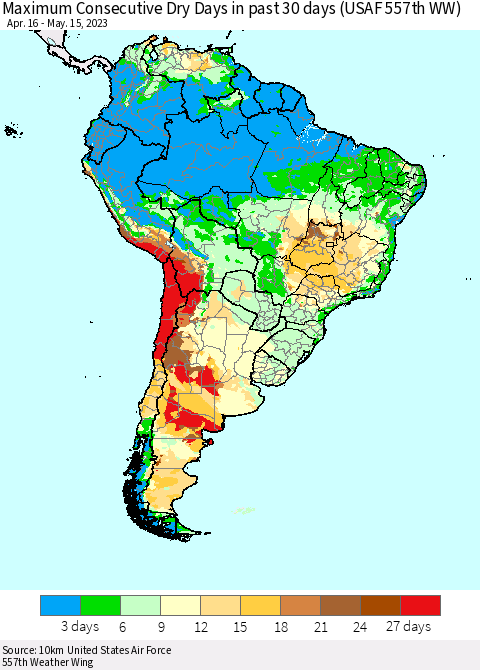 South America Maximum Consecutive Dry Days in past 30 days (USAF 557th WW) 05/15/2023 Thematic Map For 5/11/2023 - 5/15/2023