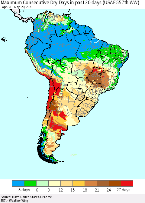 South America Maximum Consecutive Dry Days in past 30 days (USAF 557th WW) 05/20/2023 Thematic Map For 5/16/2023 - 5/20/2023